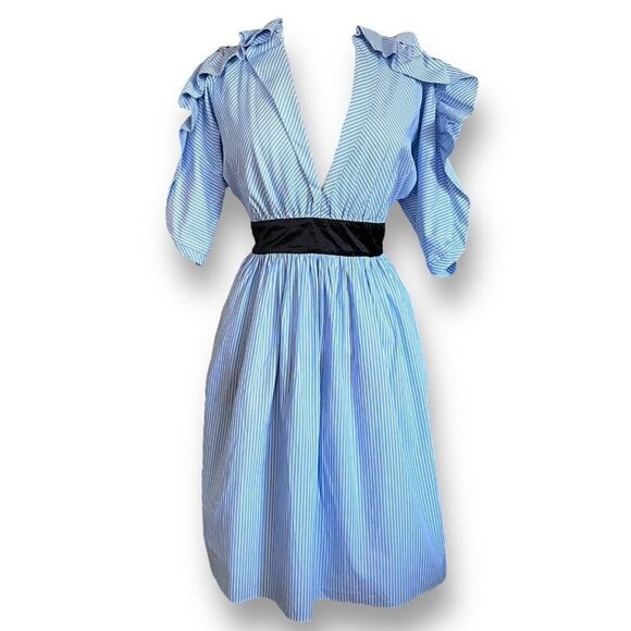 Manoush Womens Dress Sz 42 US 10 Blue White Stripe Ruffle Sleeve Plunge Neckline - Picture 1 of 11